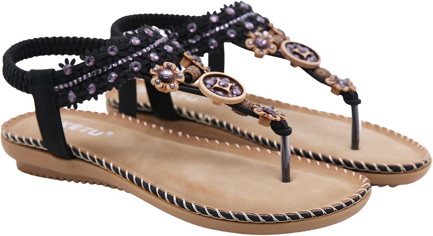 FIDEMM 女性の夏の自由奔放に生きるフラットサンダル - ボヘミアンビーズドレスシューズ | ビーチオーシャンサイドアウトドアサ