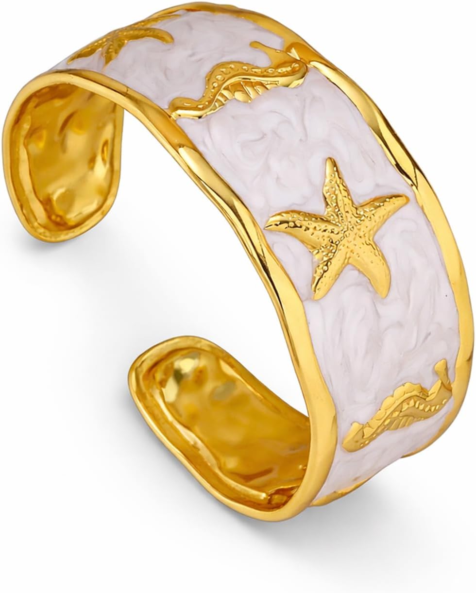 Gold Starfish Cuff Bracelet – Seahorse Ocean Beach Marine Life Statement Cuff with White Enamel Wave Texture, Wide Adjustable Stainless Steel Coastal Boho Summer Jewelry Gift
