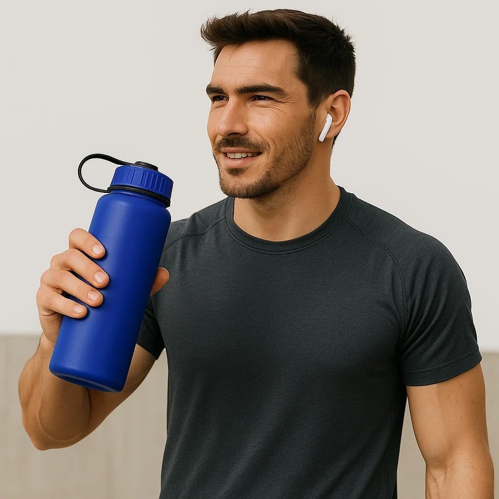 DISCOUNT PROMOS Custom Stainless Steel Sports Bottles with Lids 34 oz Set of 6/12/24 Personalized Bulk Pack BPA Free Great for Gym Hiking Picnic - Blue
