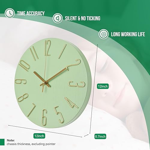 Miniatura 3 de Reloj de pared de 12 pulgadas, silencioso, sin tictac, de madera de imitación, reloj redondo verde, decoración moderna, figuras 3D, relojes de pared