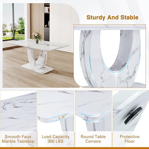 Miniatura 5 de JUFU Juego de mesa de comedor de mármol para 6 personas con mesa de mármol sintético de 63 pulgadas y pedestal en forma de U, mesa de comedor 6