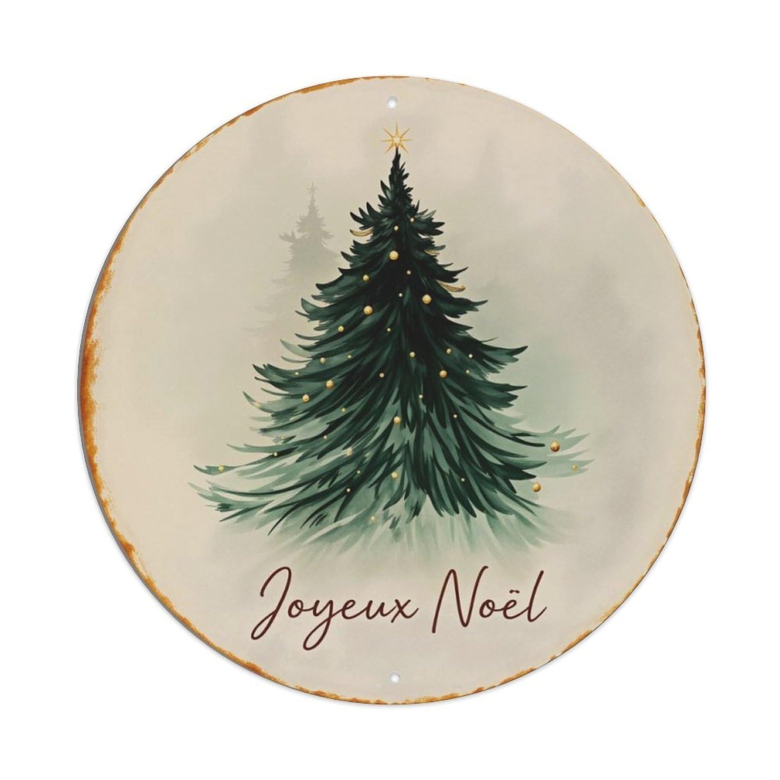 Watercolor Vintage French Joyeux Noël Christmas Tree Round Tin Sign Vintage Aluminium Metal Sign, Retro Wall Decor for Home, Bar, Garage & Farmhouse 20x20cm