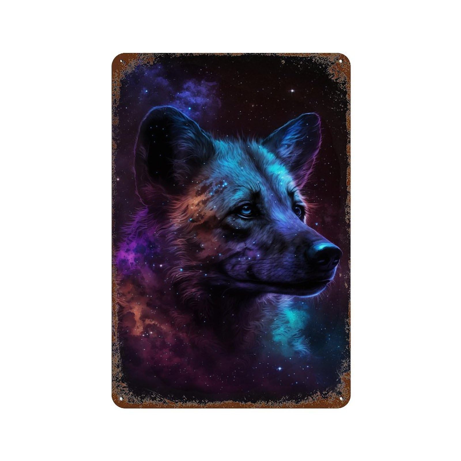 Weathered Tin Sign Cosmic Wolf Portrait Print-2 11.8"x7.9", Rustic Home Decor for Bistro, Counter And Cafe Decor