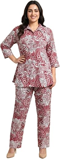 Lyra Women’s Floral Printed Rayon Co-ord Set | Slip-On Collar Style Top &amp; Elasticated Waist Pants with Both Side Pockets