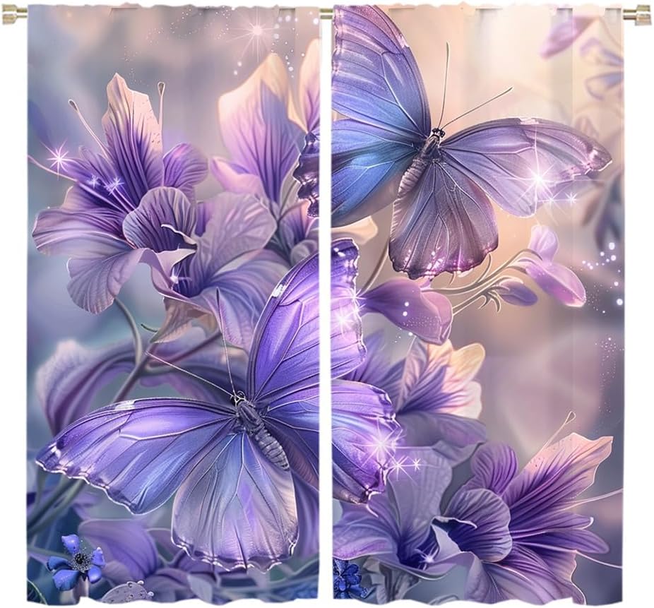 Brebasf Purple Floral Butterflies Blackout Curtain Watercolor Rustic Spring Purple Flowers Fly Butterfly Rod Pocket Window Thermal Insulating Drapes Decor for Bedroom Curtains 2 Panels 84" L x 42" W