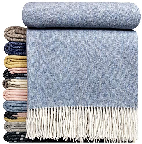 STTS International 90% Laine + 10% Cachemire/Plaid en Laine/Couverture en Pure Laine/Couvre-Lit de Luxe/ 140x200 cm/Faro/Bleu