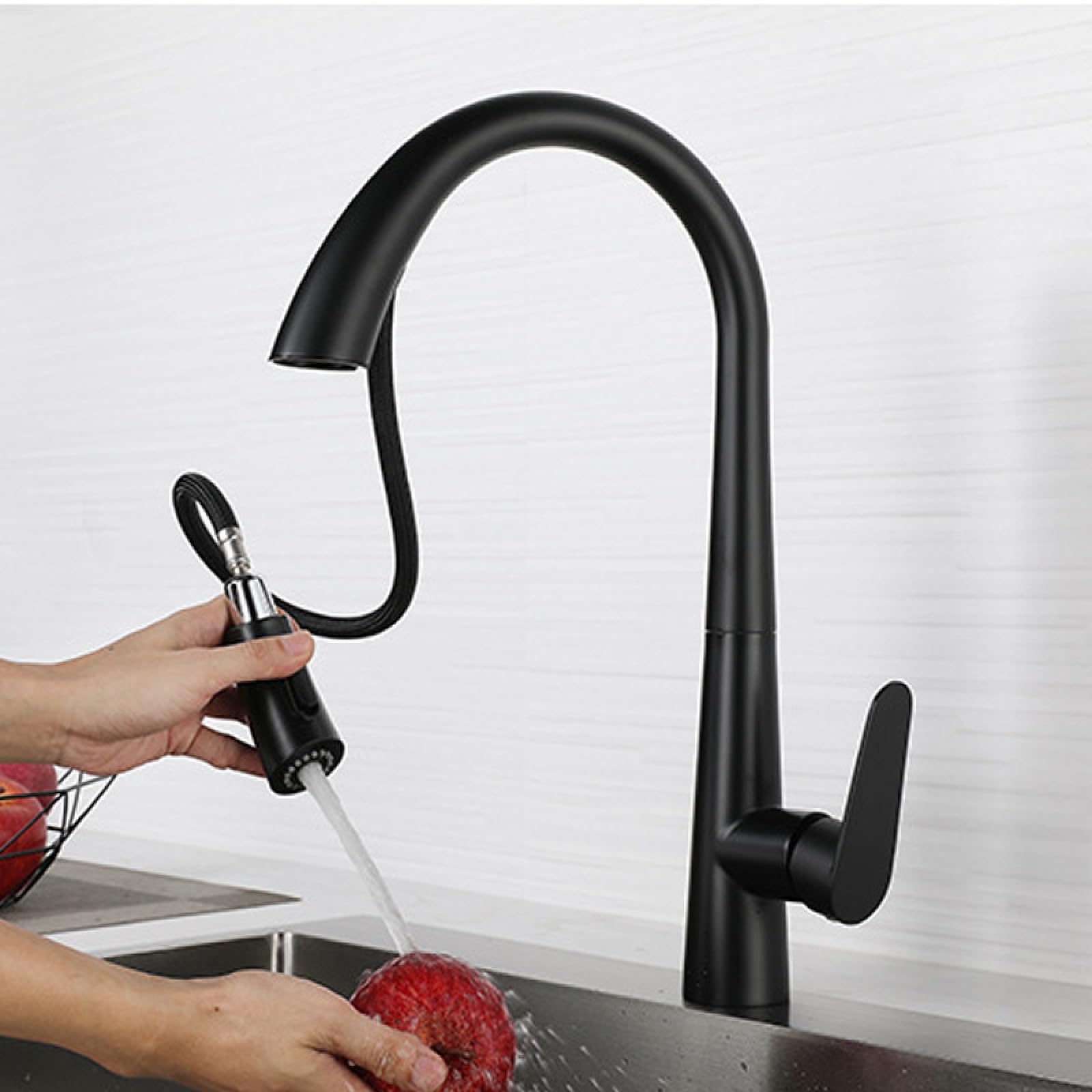 Fanjubei Black Kitchen 304 Stainless Steel Rotating Pull-Out Hot And Cold Water Faucet,