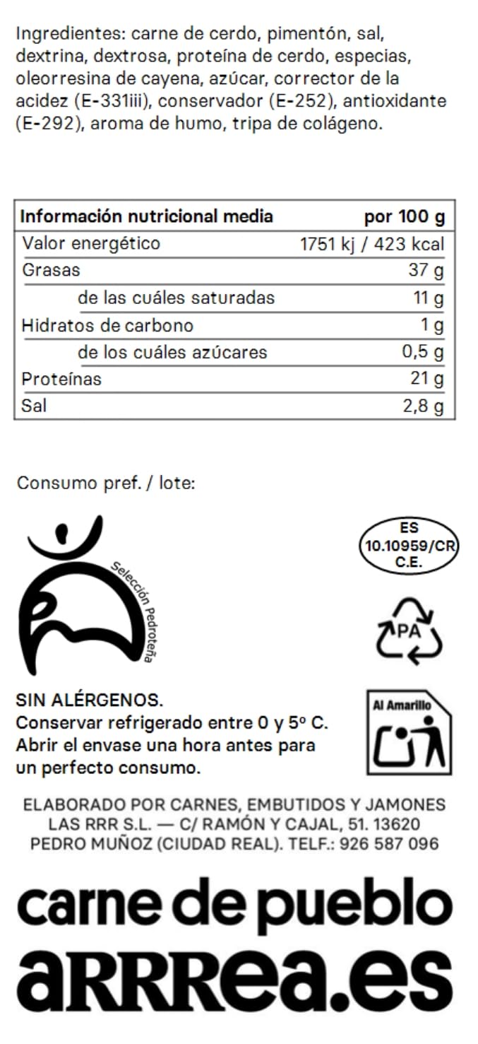 Chorizo Artesano Muy Picante Arrrea - Embutido Tradicional de La Mancha, Peso Aproximado: 350g