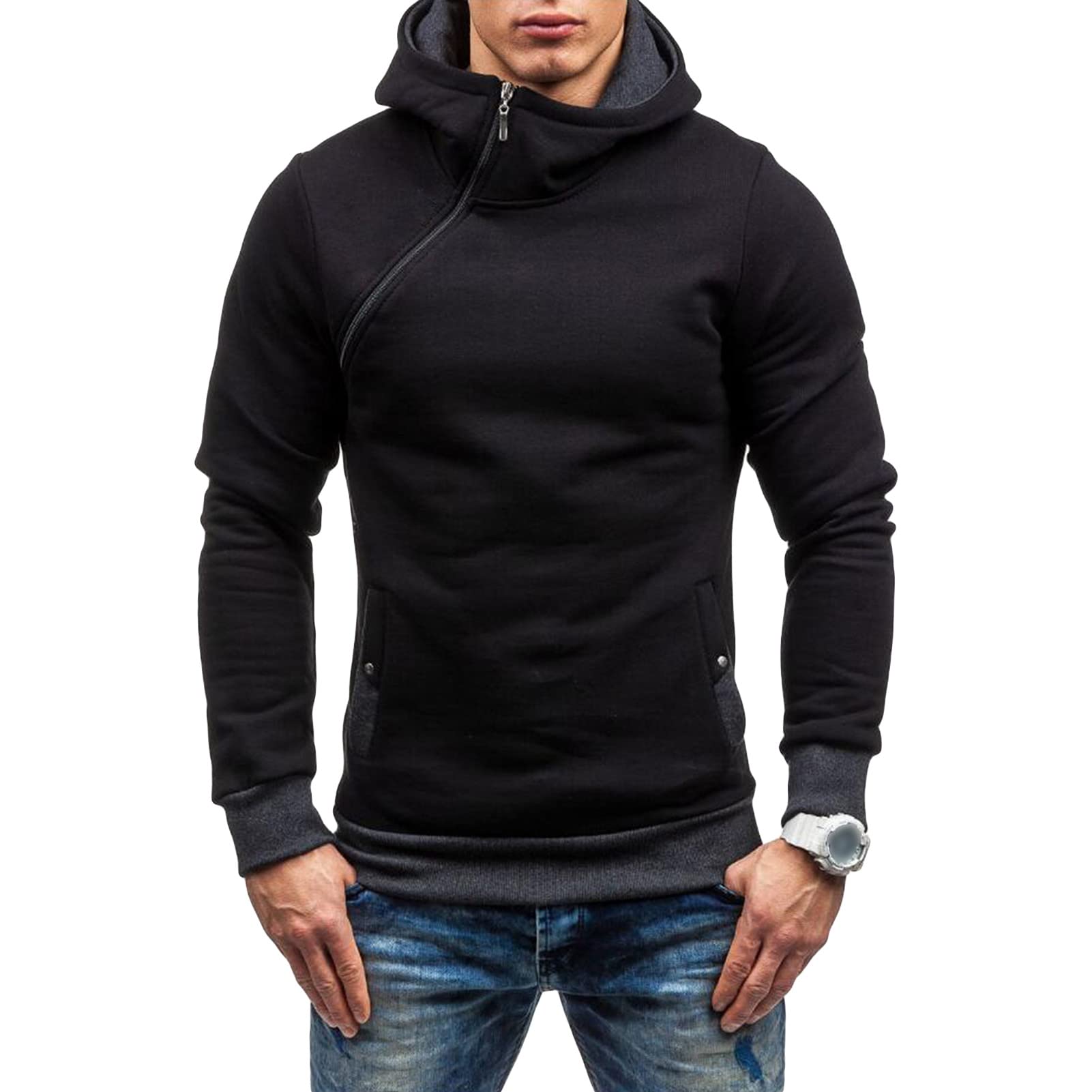 Maiyifu-GJ Men's Long Sleeve Diagonal Zipper Hoodies Zip Up Slim Fit Athletic Hoodie Hip Hop Hooded Sweatshirts with Pocket (Black 3,Large)