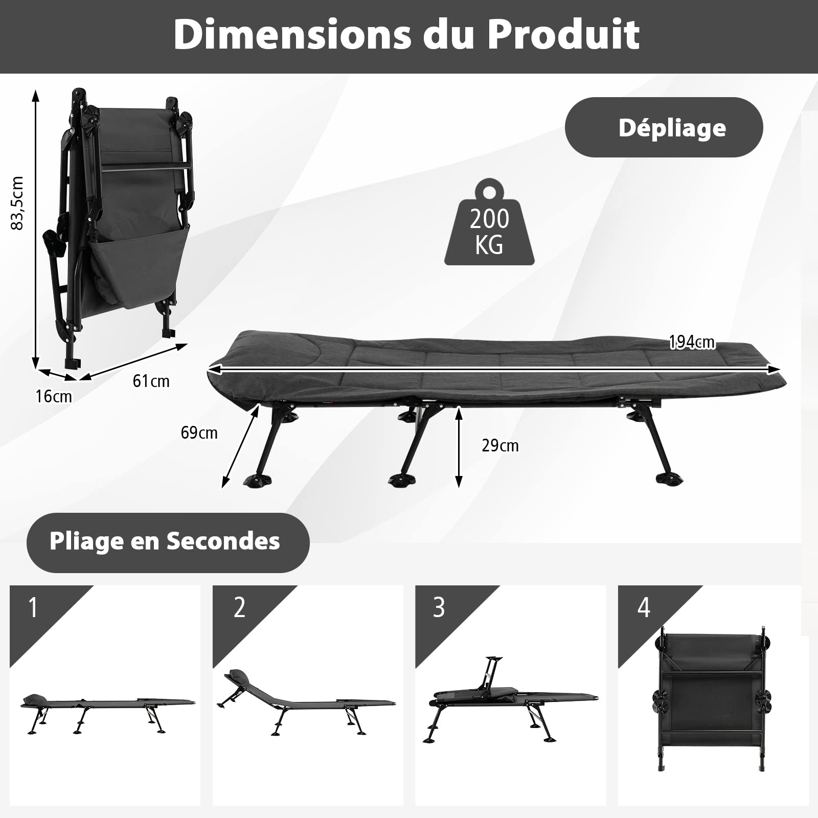 COSTWAY Lit de Camp Pliable 1 Personne, Lit Camping Pliant Portable Léger à Dossier Réglable 6 Positions, Lit de Camp Extérieur Intérieur Inclinable pour Bureau Maison Voyage, Charge 200 KG, Gris
