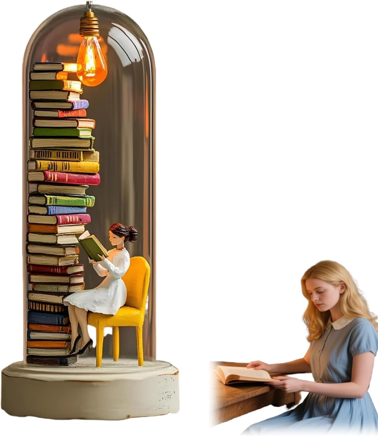 Reader Night Light, Book Light Clip On Book Reading Lights, Miniature Books Lamp Sculpture with Mini Books and LED Lights, Mini Reading Figurine Tiny Bookshelf Library Statue, for Family, Friends (C)