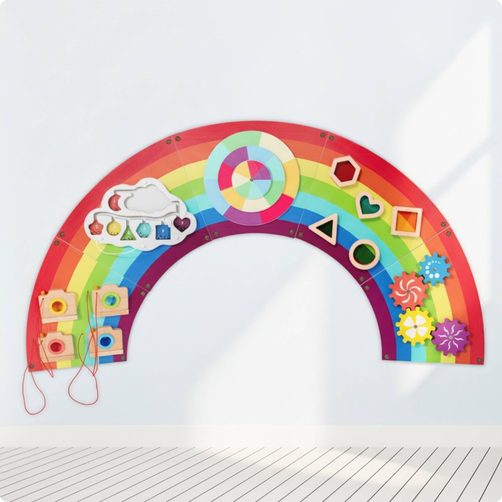 Amagogo Kinder Wandtafel Aktivitätsbrett Lernboard Spieltafel aus Holz mit Schiebern Perlen Zahnrädern Drehteilen zur, 4,8 Kg, Regenbogen Wandspiel