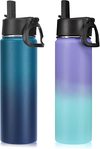 Miniatura 14 de Neihepal Botella de agua aislada de 22 onzas con tapa con popote, botellas de agua de acero inoxidable al vacío de doble pared a prueba de fugas,