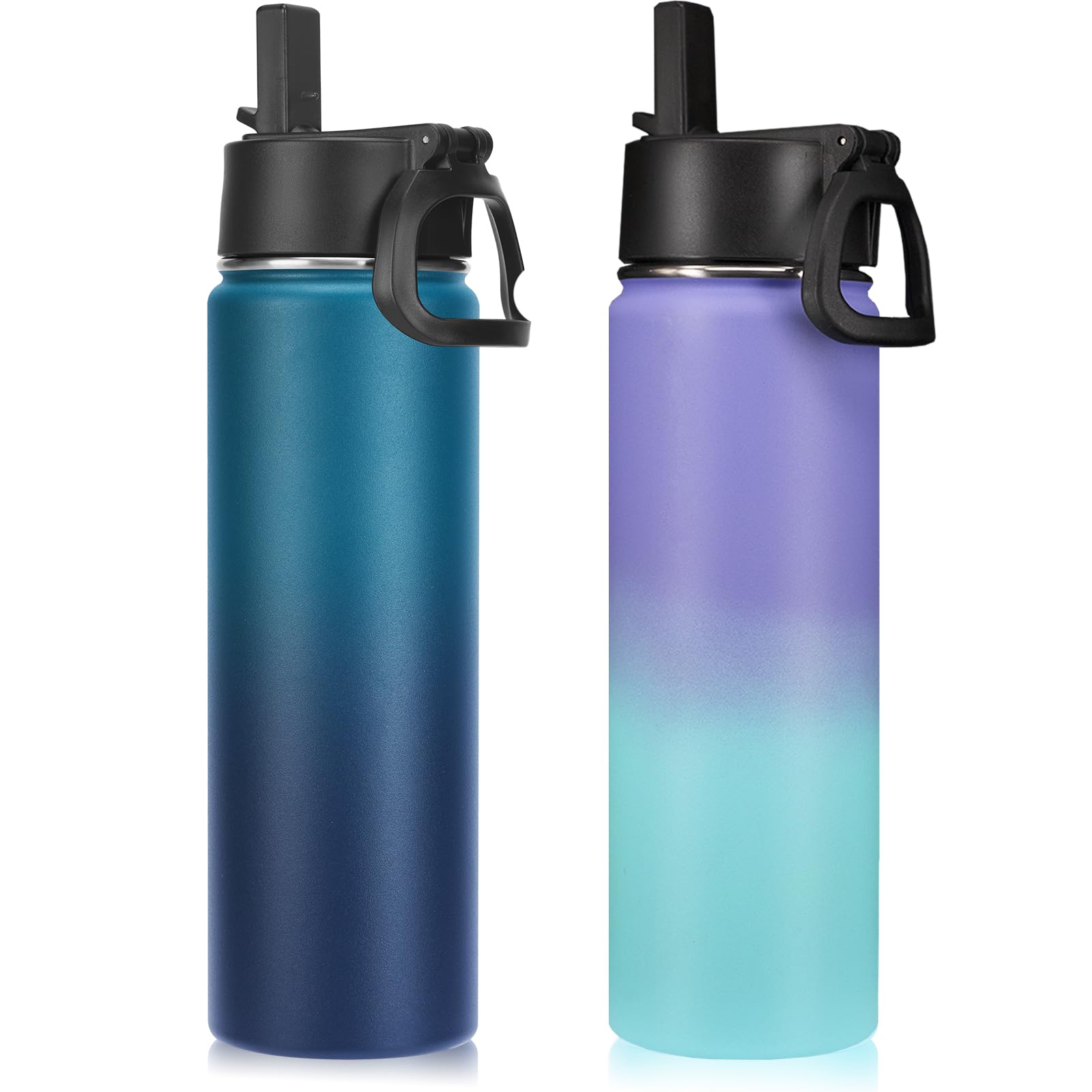 Neihepal 22 oz Insulated Water Bottles with Leak Proof Straw Lid, Wide Mouth Double Walled Vacuum Stainless Steel Metal Water Bottle (Assorted,2 Pack)