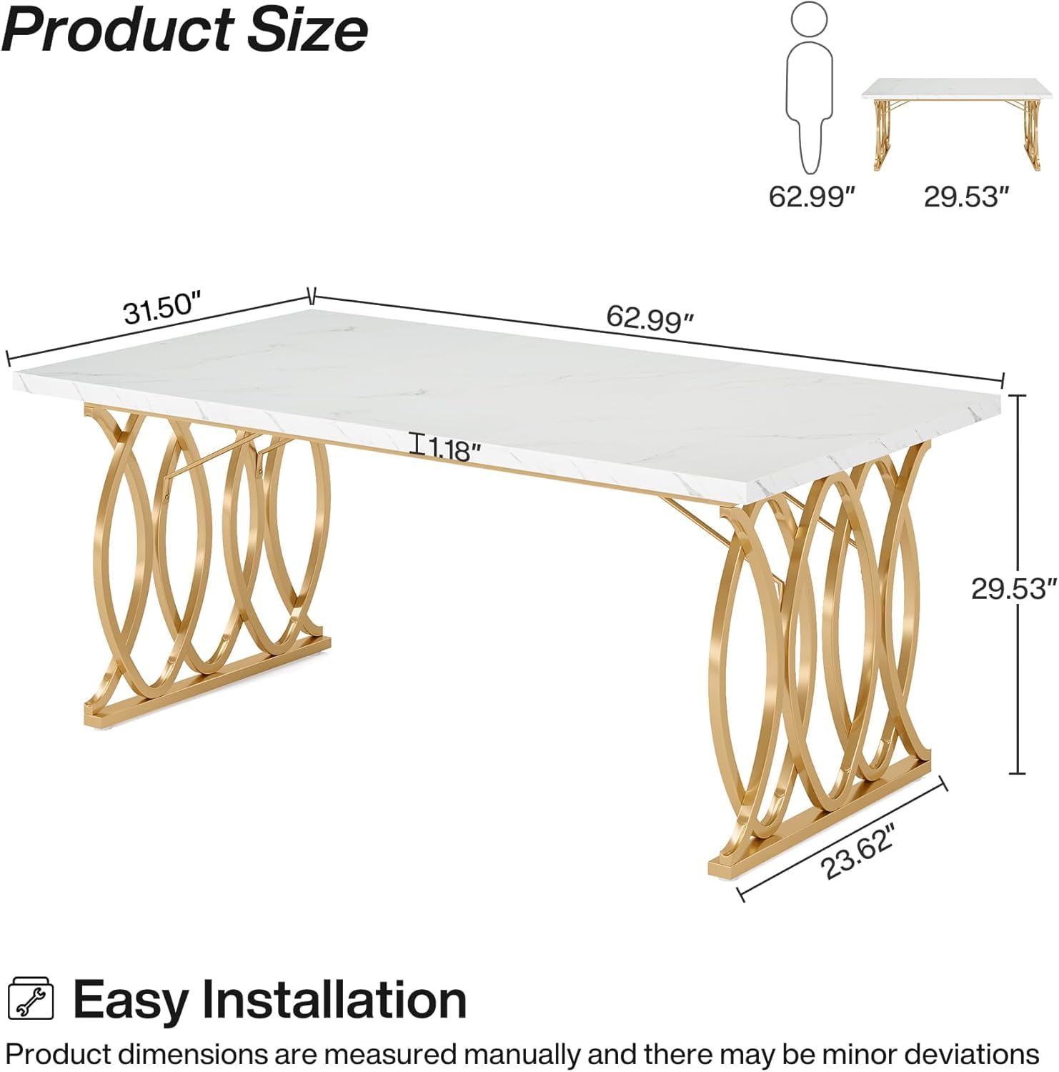 Lailang 160cm Mesa de Comedor, Mesa Rectangular, Muebles Auxiliares Cocina, Mesa Madera Comedor, Mueble Comedor Moderno, 160 x 80 x 75 cm, Blanco y Dorado