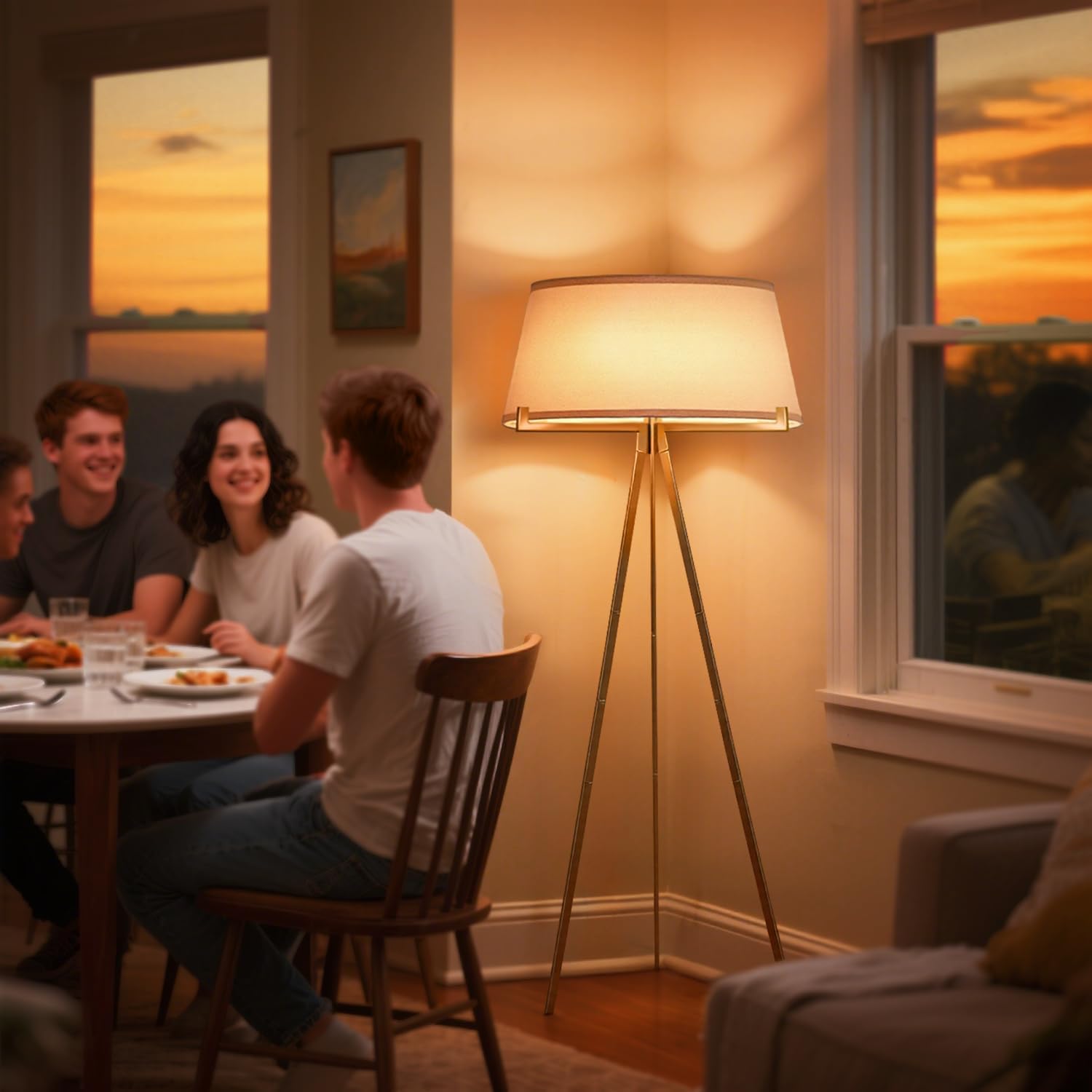 Tripod Floor Lamp with Linen Drum Shade, Tripod Lamps for Living Room，Mid Century Modern Floor Lamp，Modern Polished Brass Finish Reading Standing Lamp for Living Room, Bedroom, Office