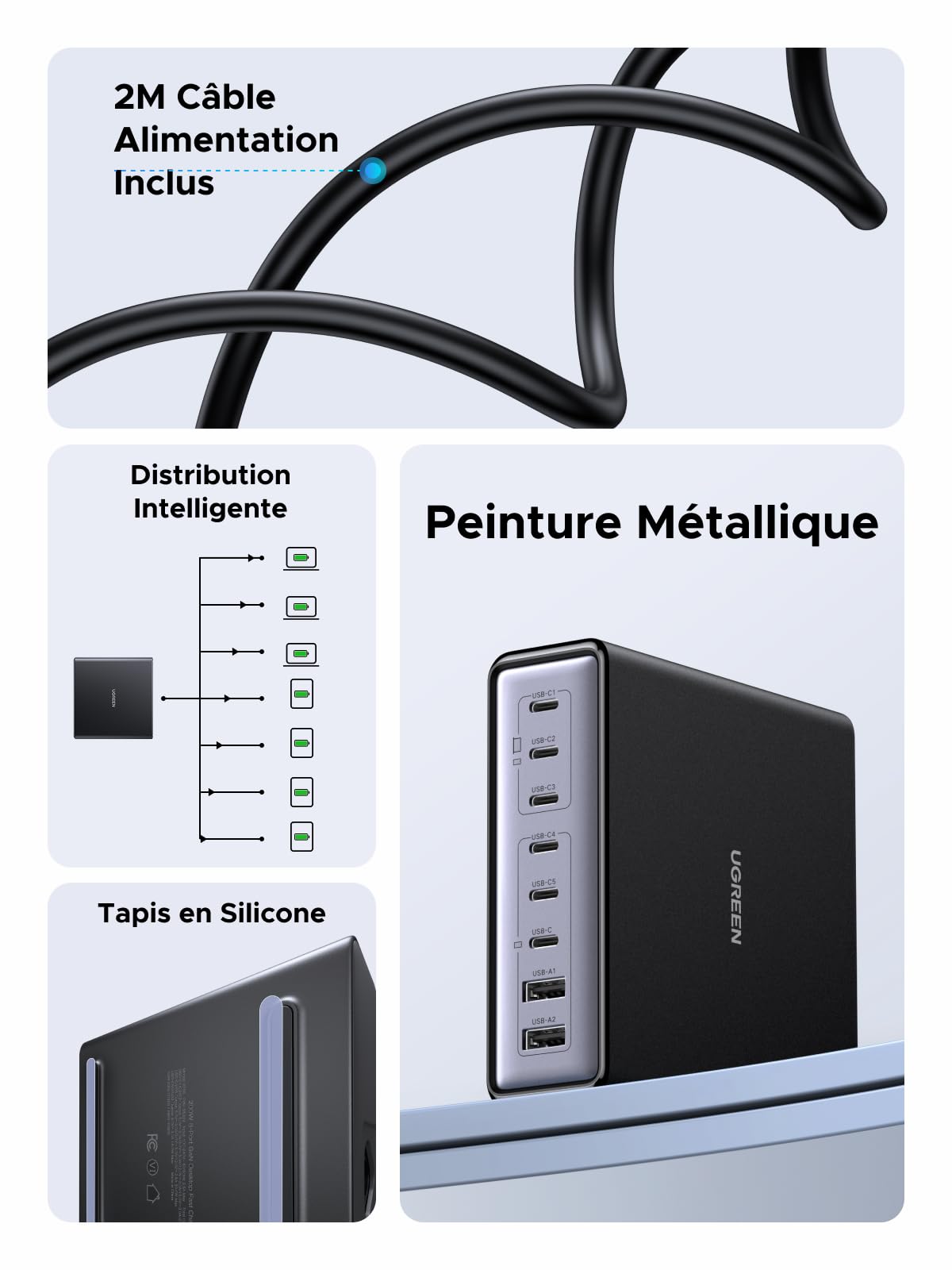 UGREEN Zapix 200W 8 Ports Chargeur USB C Rapide Station de Charge Bureau GaN Tech 100W Compatible avec iPhone 17 Pro Max Air 16 15 14 13 12 iPad MacBook Pro Air Neo M5 M4 M3 M2 M1 Galaxy S26 S25 S24