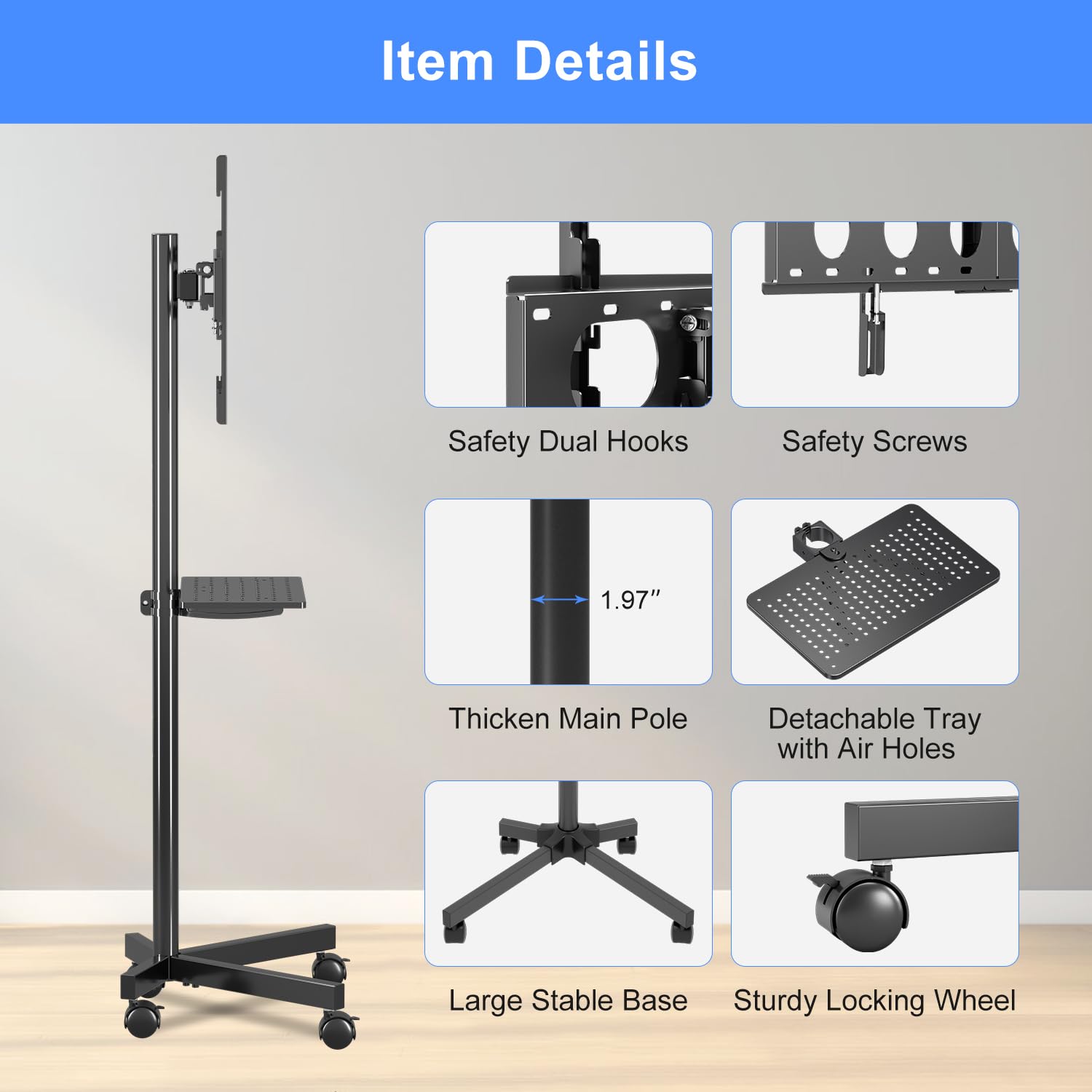 suptek Chariot TV Mobile sur roulettes pour Bureau, Home Cinéma| Support 21-60 Pouces avec Plateau, Réglable en Hauteur (1235 mm) & Inclinaison +3°/-12° | Charge 35 kg, VESA Max 400x400 mm ML55B