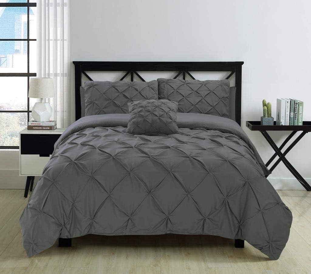 Pintuck Duvet Cover Set of 5 with Fitted Sheet (150x200) with 35cm deep pockets and 2 Pillow Cases Includes Complementary Cushion Cover– Set of 5 (Charcoal, King)