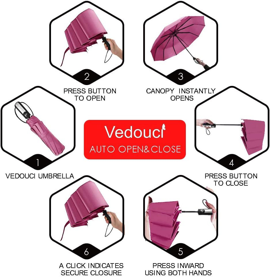 USA Folding Umbrella 10 Ribs Compact Travel Umbrella with Teflon Coating, Automatic Umbrellas Anti UV Coating Folding Umbrellas(Pink) - Image 6