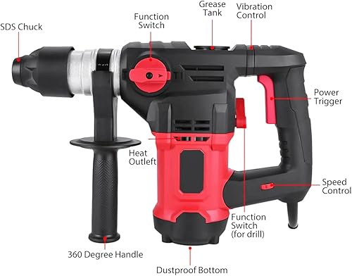 Miniatura 3 de Taladro de martillo giratorio de 1-14 pulgadas SDS-Plus de 125 amperios con control de vibración y embrague de seguridad 6 velocidades mango