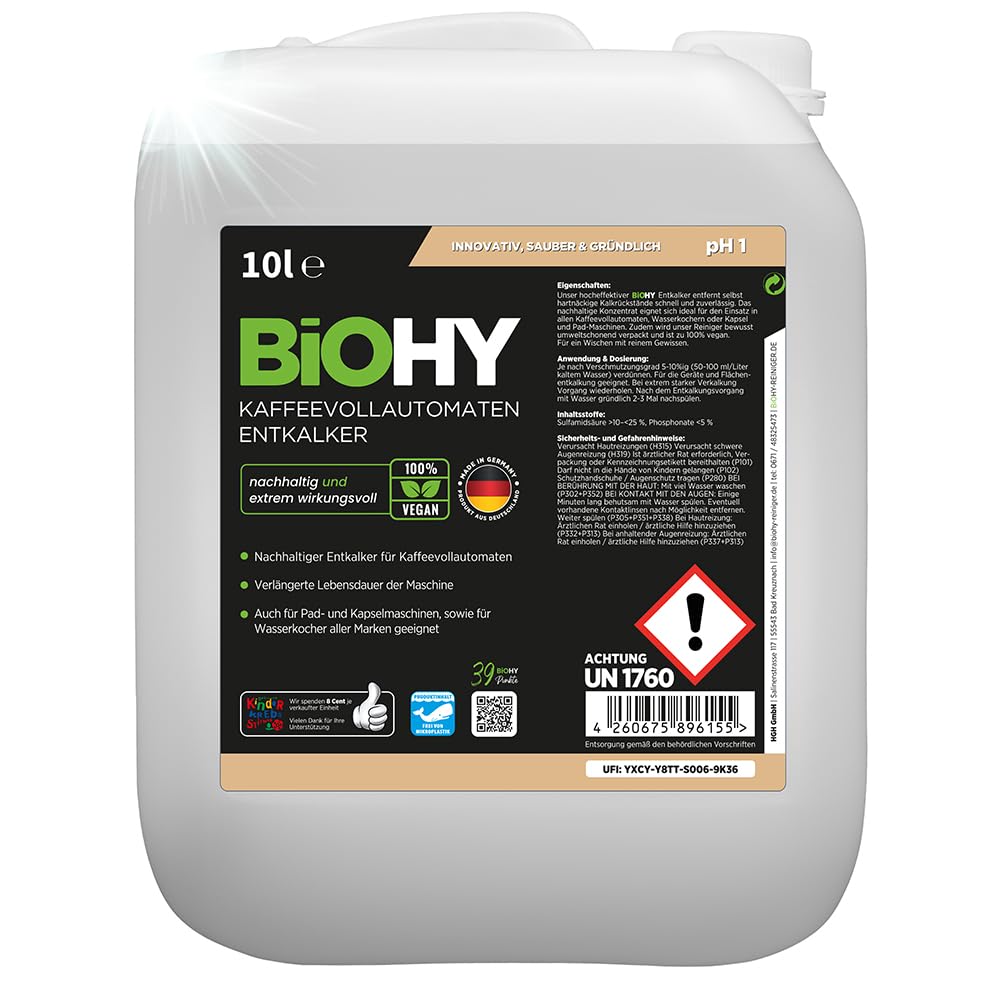 BiOHY Descalcificador de cafetera (Bidón de 10 litros) | Ideal para descalcificar todas las cafeteras y máquinas de espresso | Apto para todas las marcas conocidas (Kaffee Entkalker)