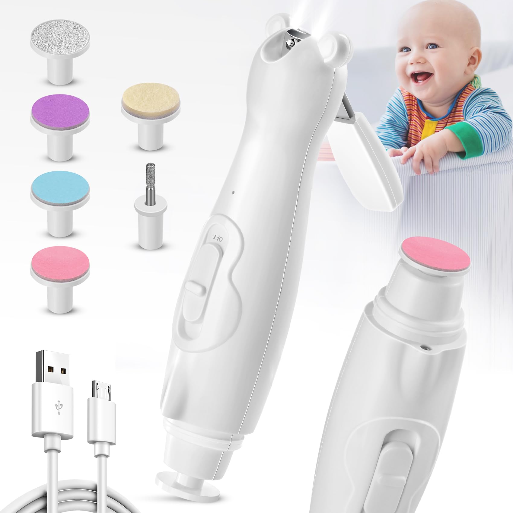 Cortaúñas recargable con luz para bebé, cortador de uñas eléctrico y lima de uñas para recién nacidos, bebés, niños pequeños