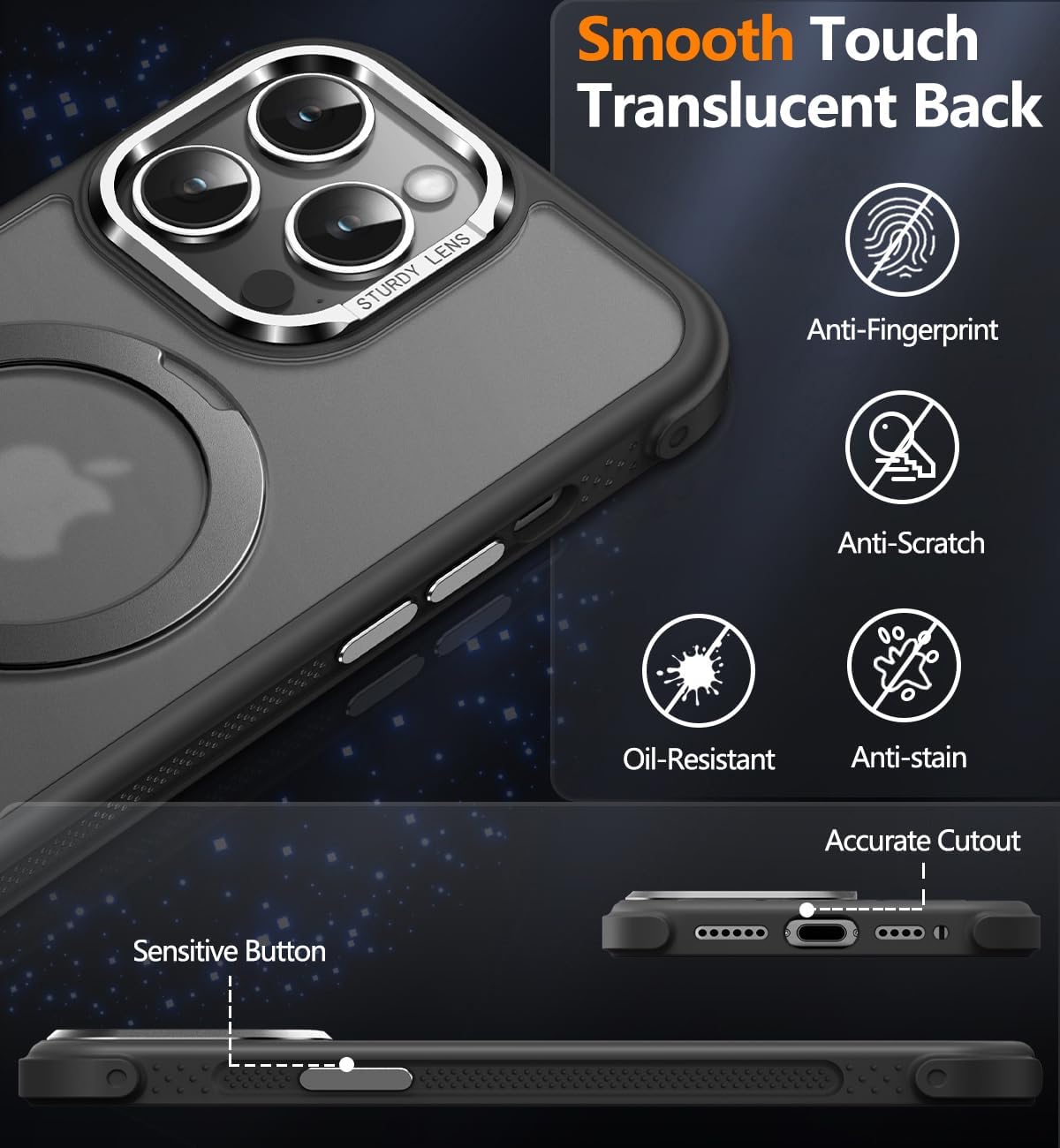 Reukdnv Magnetic for iPhone 14 Pro Case, Military Drop Protection, Compatible with MagSafe, Slim Translucent Matte Shockproof Protective Phone Case with 360° Spin Stand 6.1", Black - Image 8