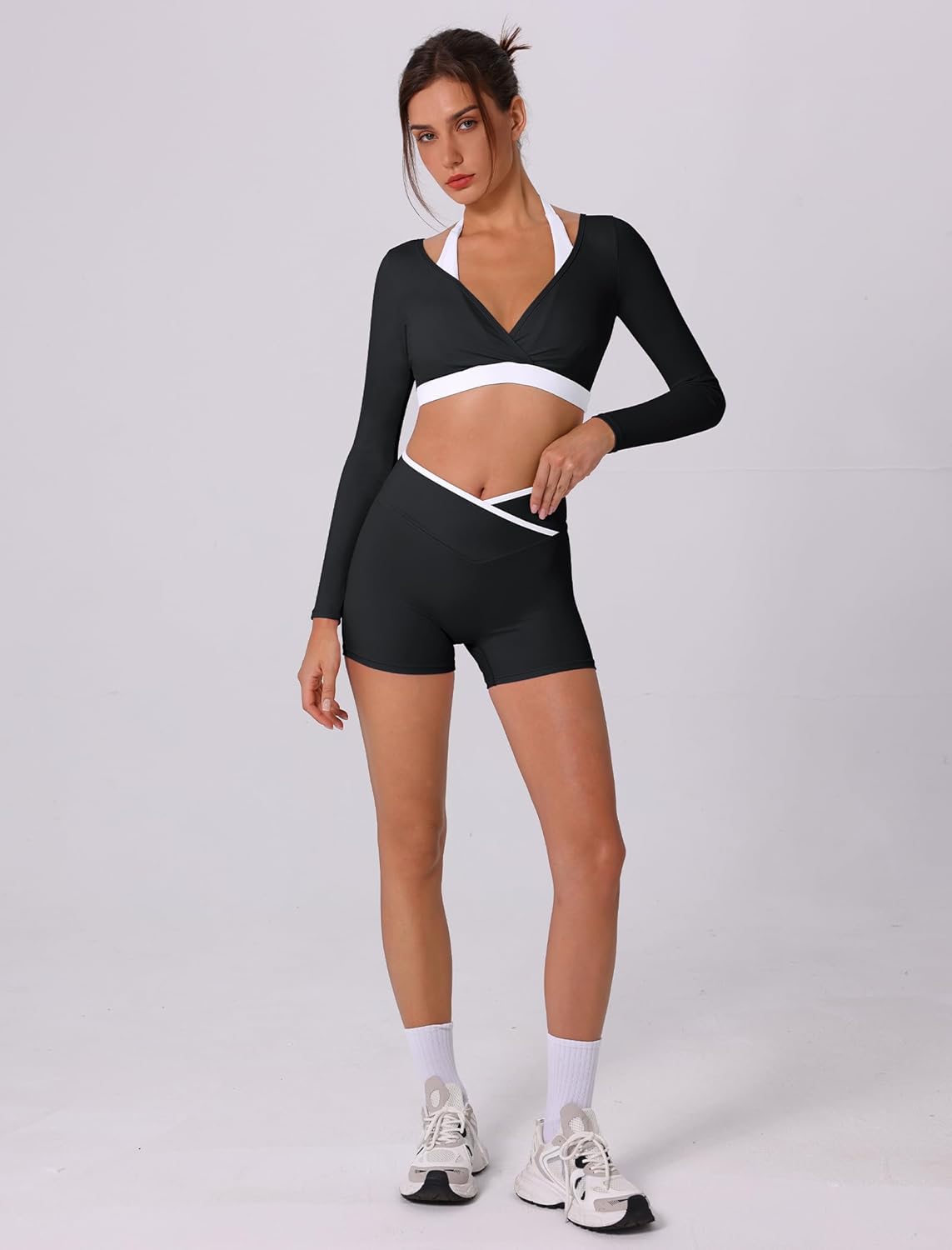 ABOCIW Womens Workout Sets Color Block Long Sleeve Crop Top with Built-in Bra Crossover Booty Shorts Yoga Gym Outfits