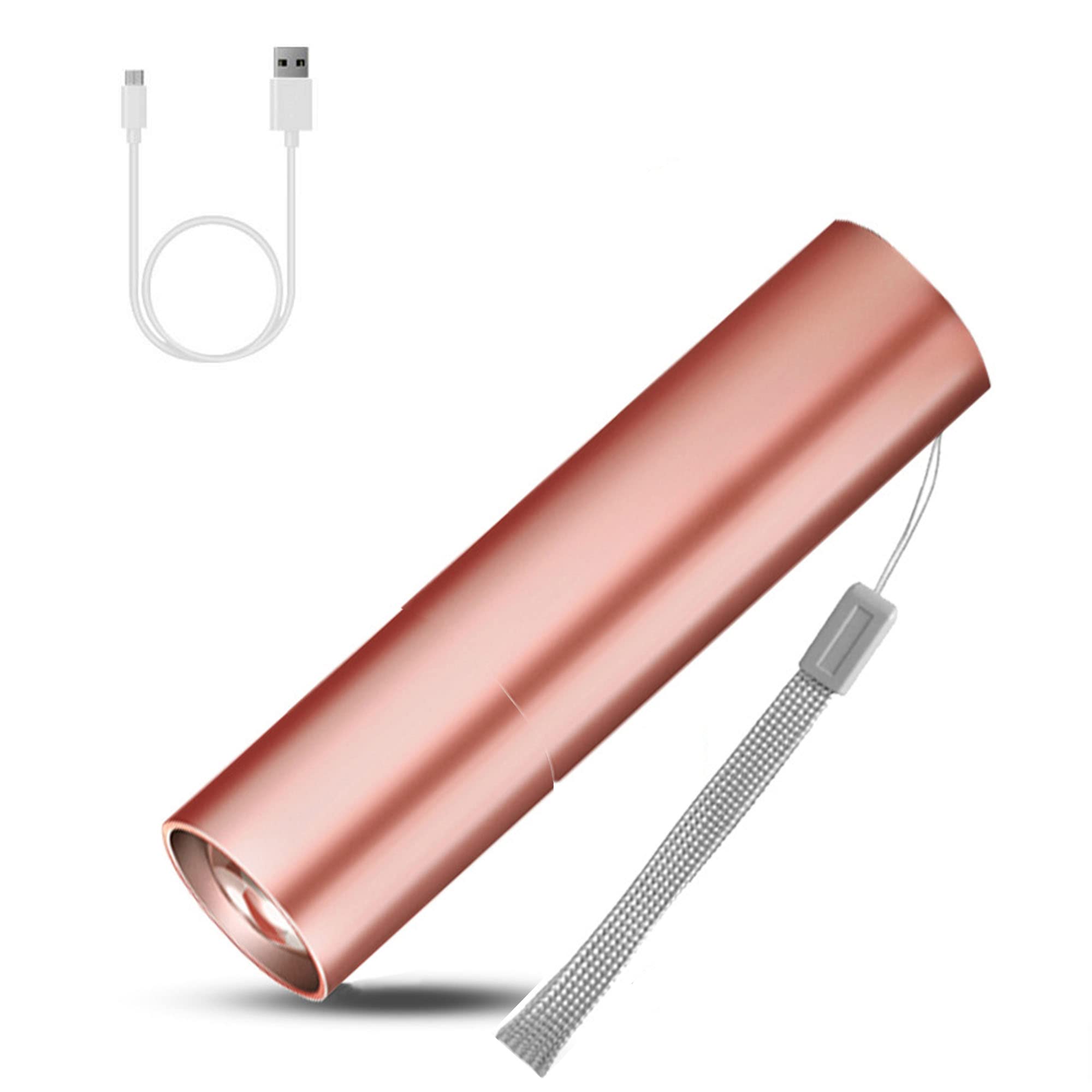 Rechargeable USB Torch Zoomable, LED SOS Distress Flashlight, Small Super Bright Pocket Flashlight, 3 Output Modes Waterproof Powerful Torch for Camping, Dog Walking, Emergency (Rose Gold-1)