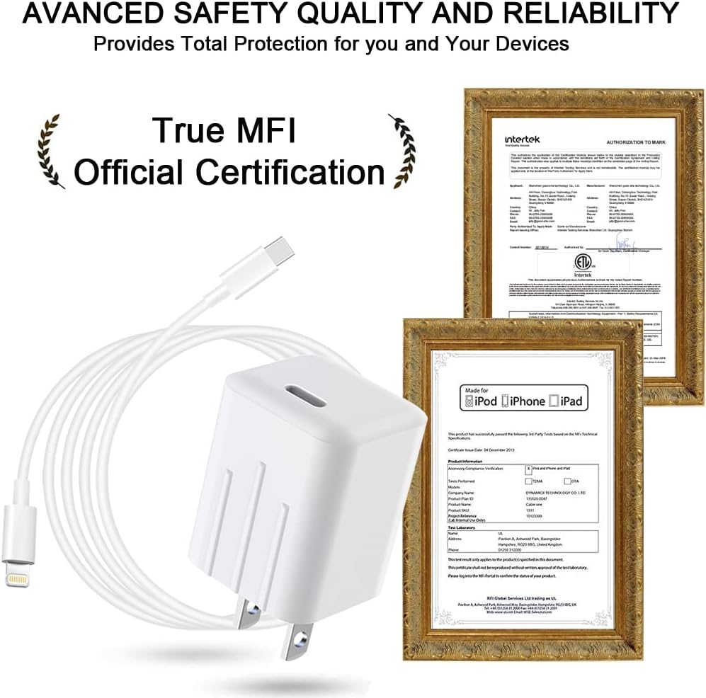 [Apple MFi Certification] iPhone Charger Fast Charging 20W PD Type C Adapter Wall Charger with 6FT USB-C to Lighting Data Cable, Suitable for iPhone 14 13 12 11 Plus Pro Max Mini Xs Xr X and iPad