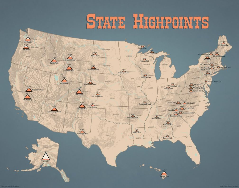 Best Maps Ever State Highpoints Checklist 11x14 Print (Tan & Slate Blue | Black Frame)
