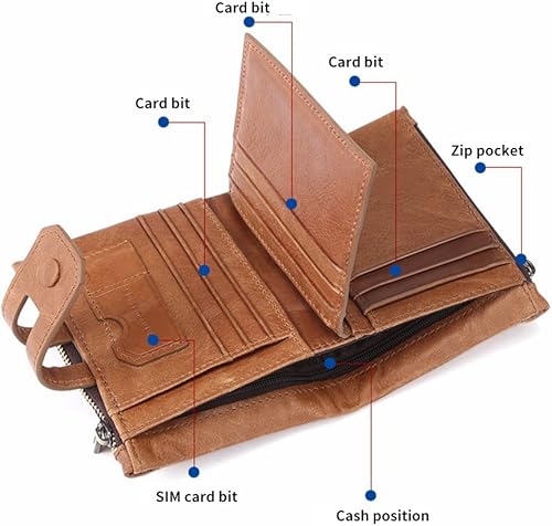 Miniatura 4 de Artwell Cartera RFID para hombre, de piel de vaca, con cremallera, estilo vintage, plegable, con bolsillos dobles con cremallera