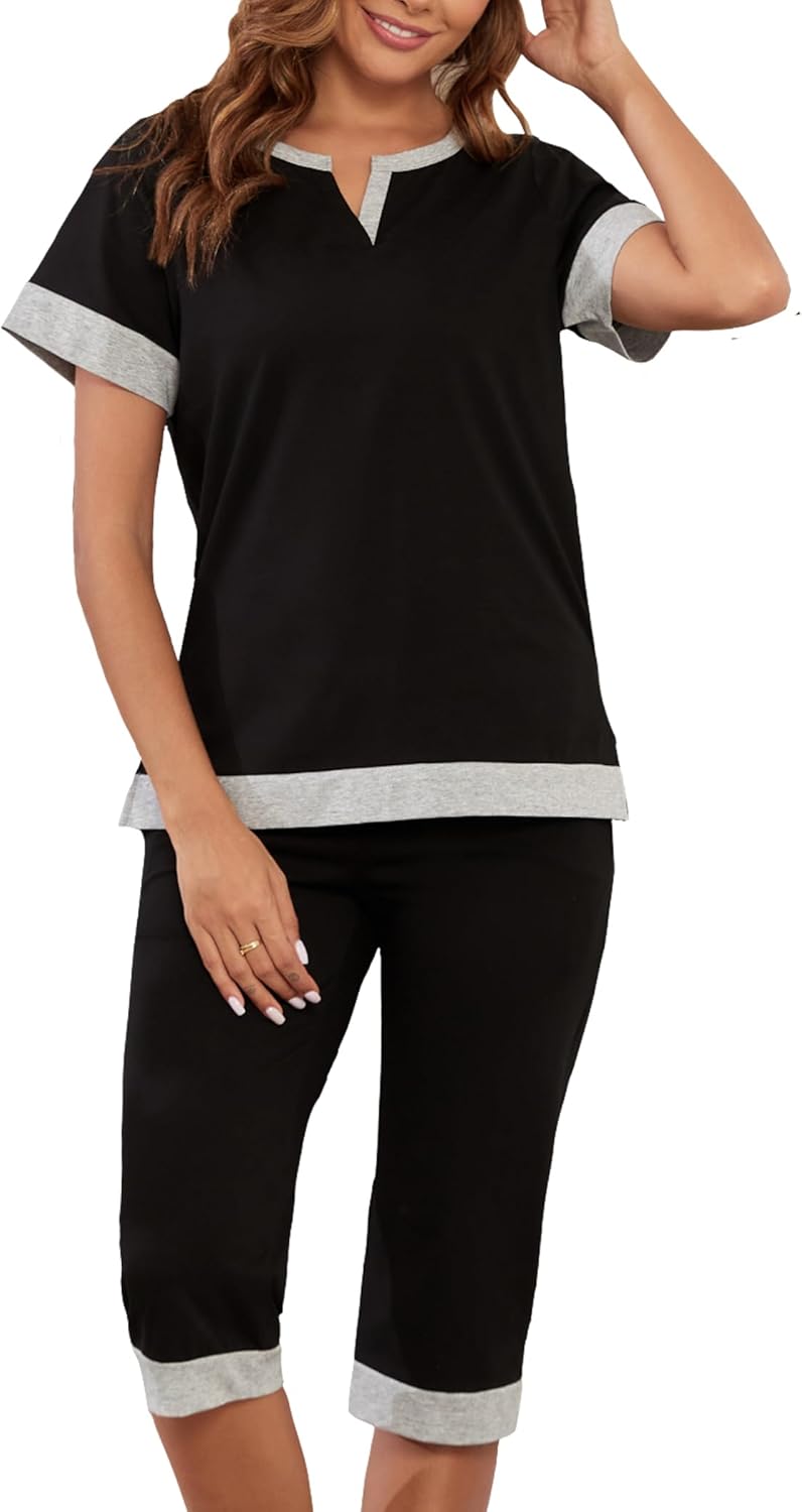 Womens Cotton Pajamas Sets Soft Top and Capris Summer Sleepwear Set Comfy Pjs