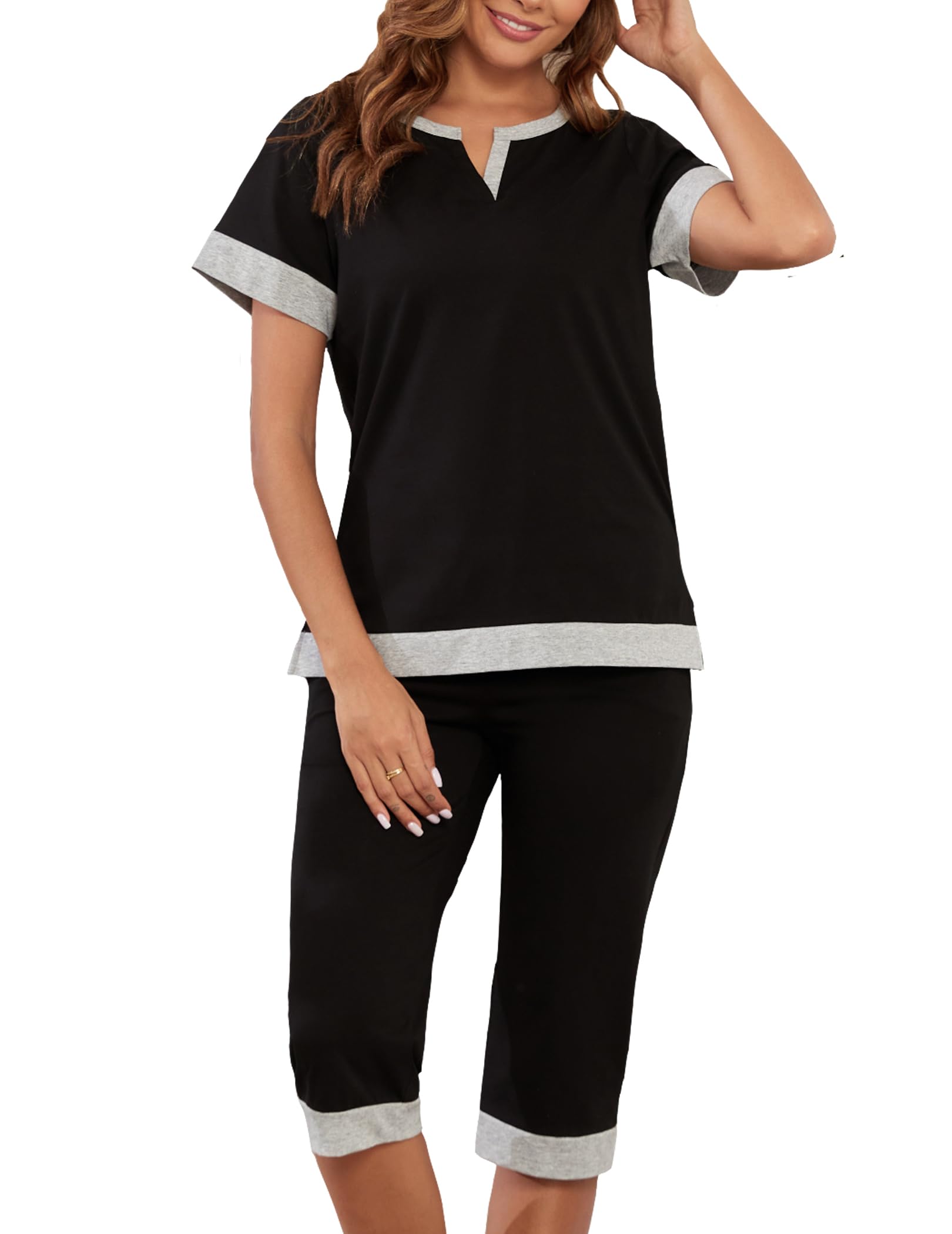 Viakeo Cotton Pajama Sets For Women Soft Sleepwear 2 Pieces Lounge Set Comfy Top And Capri Pants With Pockets