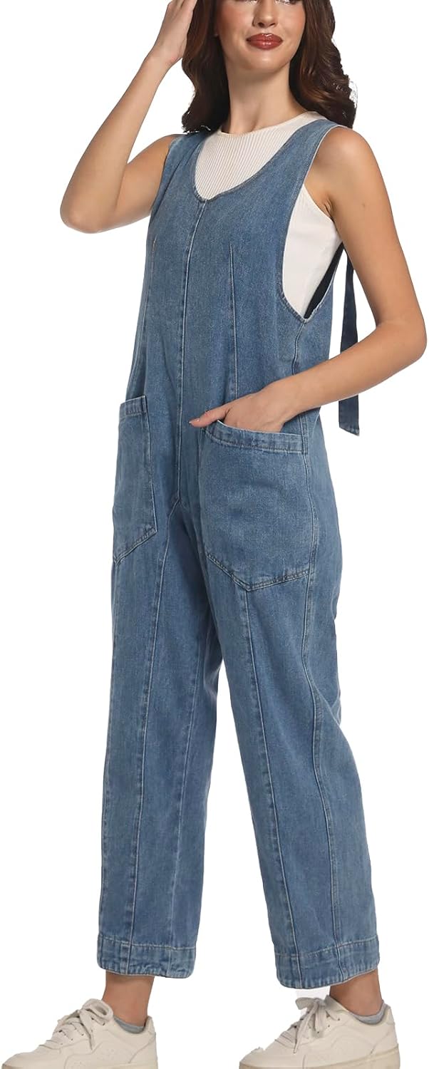 Womens High Roller Denim Jumpsuit Baggy Loose Fit Jean Overalls Adjustable Straps Sleeveless Jumpers with Pockets - Image 8