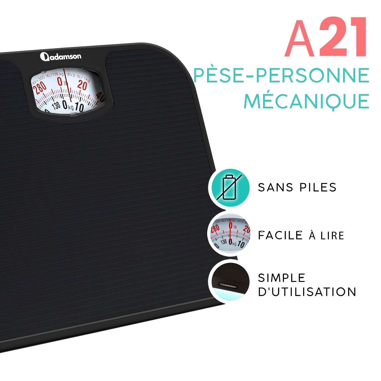 Adamson A21 Pese Personnes Mecanique Pour Poids Corporel- Jusqu’à 136 KG - Surface en Caoutchouc Antidérapant - Pese Personne Analogique - Durable 20 Ans de Protection - Noir Intégral