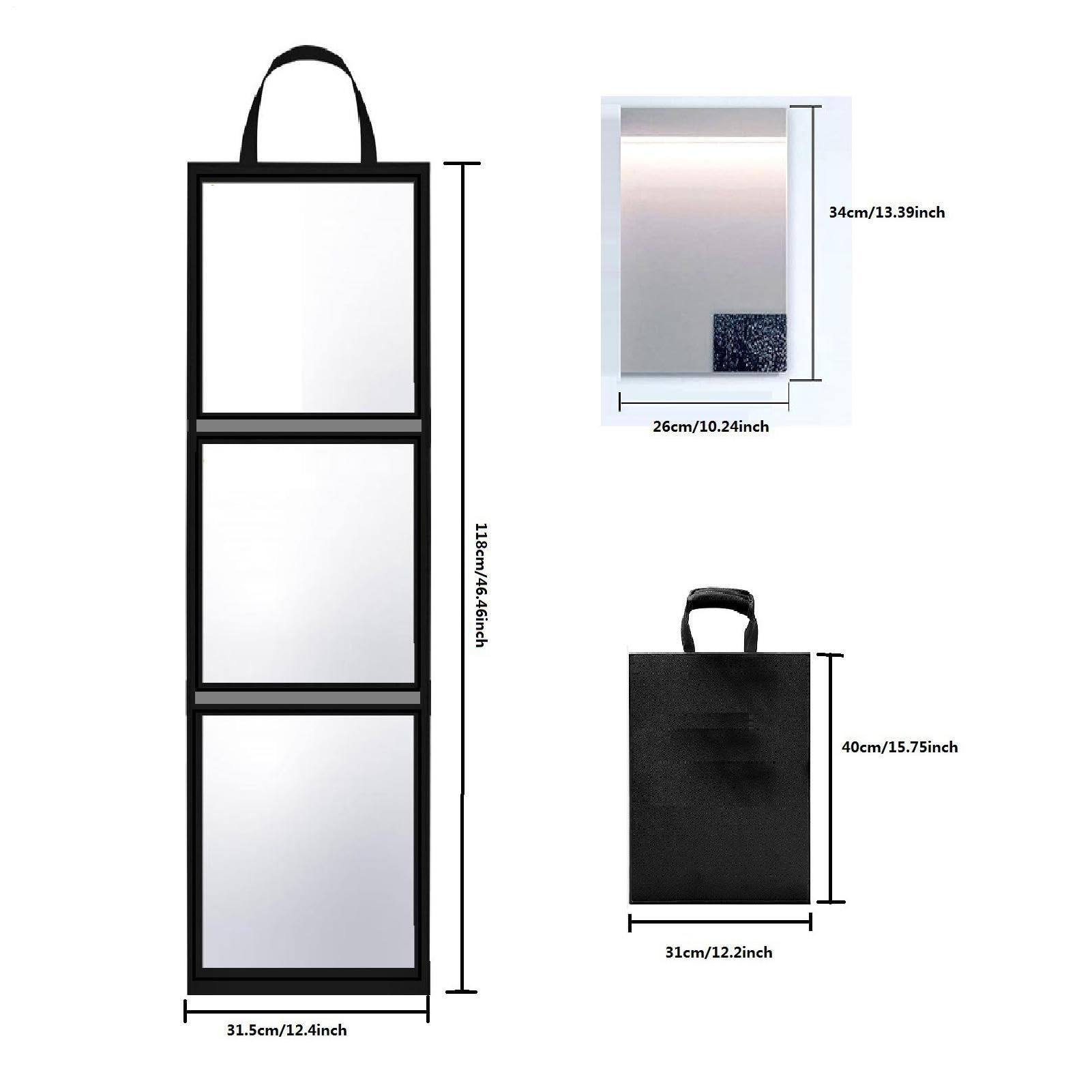 Specchio intero da parete, 118 x 31 cm, pieghevole in tre , con manico