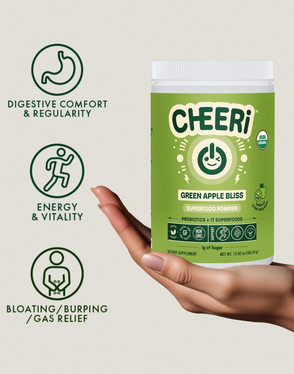 Green Apple Bliss Superfood Powder - 20+ Organic Superfoods + Prebiotic & Probiotics + More - Keto Friendly - Supports Positive Mood, Gut Health - Vegan, Gluten Free, Non-GMO - 30 Day Supply