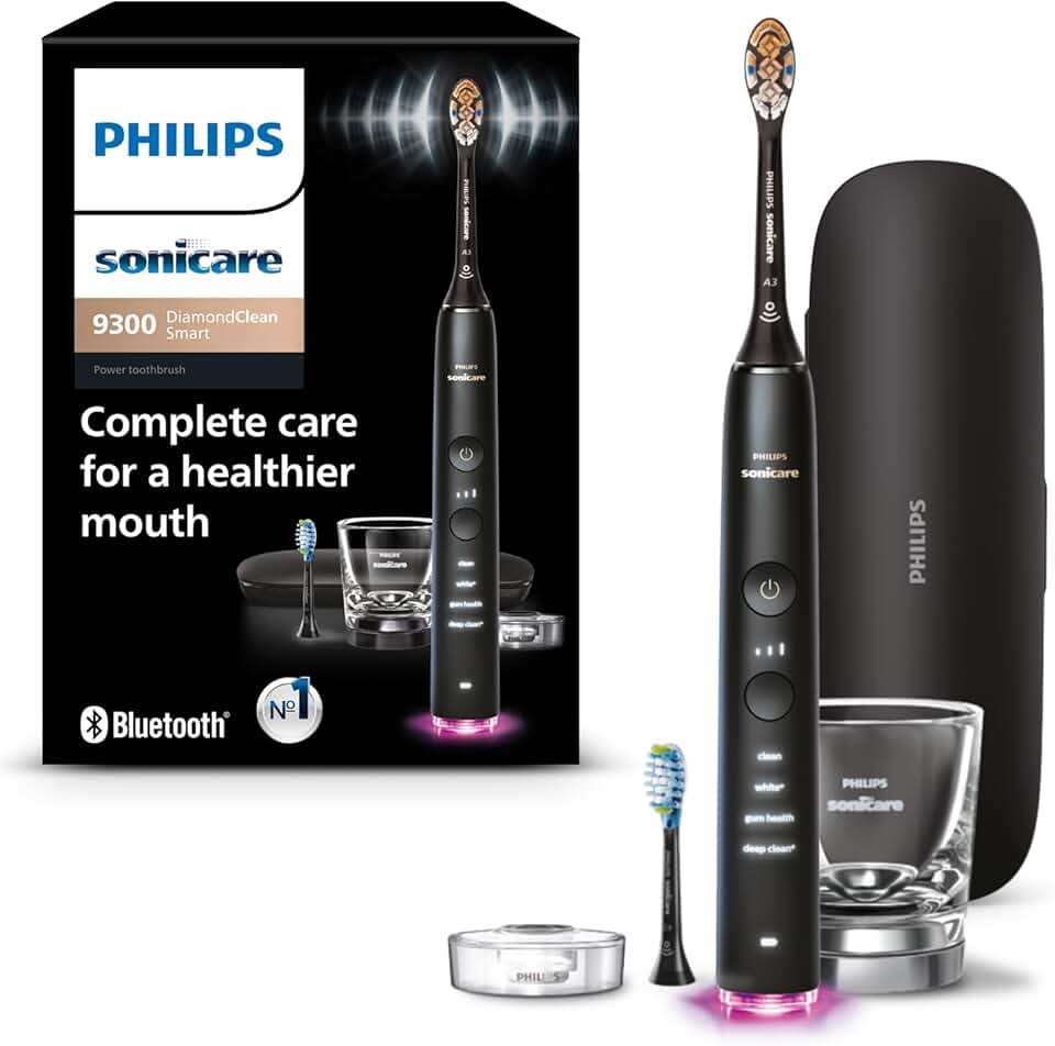 Philips Sonicare DiamondClean Smart 9300 Electric Toothbrush, Sonic Toothbrush with App, Pressure Sensor, Brush Head Detection, 4 Brushing Modes and 3 Intensity Levels, Black, Model HX9903/15 GreenCircle Certified: Certified Environmental Facts Label