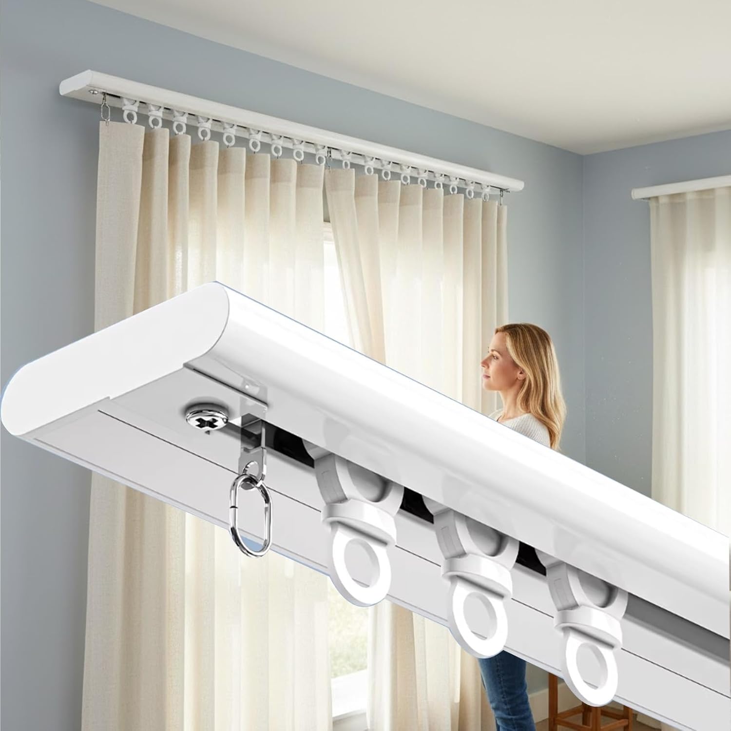 Heavy-Duty Curtain Track Ceiling Aluminum 3.28ft-9.84ft Curtain Rail Silent Curtain Rods System Windows and Room Divider Ceiling Track Set for Bedroom Living Room(7.87ft)