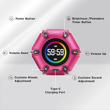 Printers Jack, Visual Pomodoro Timer, Productivity Cube Timer, Mute & Vibration & Adjustable Sound Alert, for Office, ADHD, Study, Work, 3/5/10/25/30/60min & Custom Countdown - Hot Pink