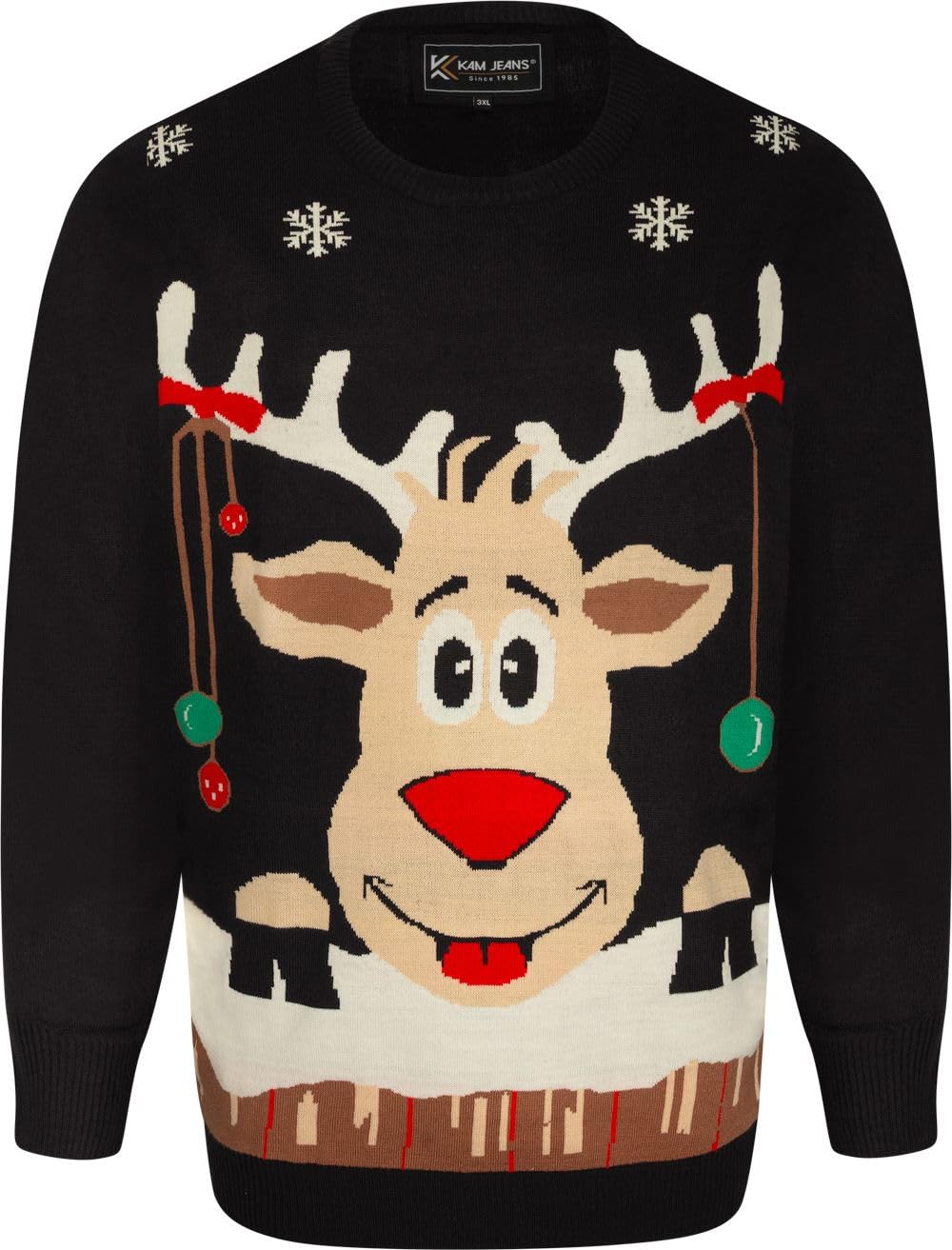Kam Men's Black Rudolph Xmas Jumper Crew Neck Long Sleeve Casual Plus Size 2XL-8Xl X023 (Uk, Alpha, 7XL, Plus, Regular)