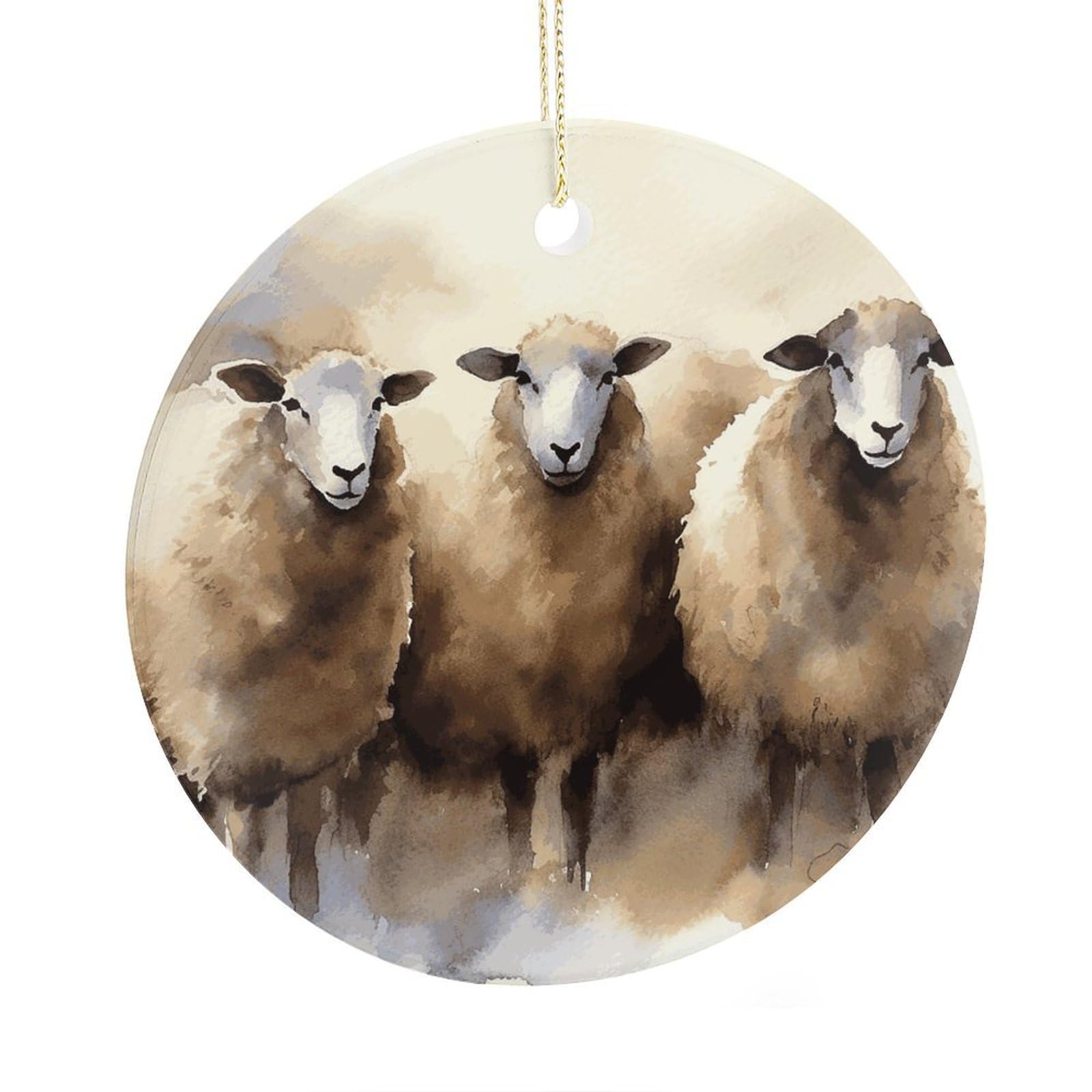 Adfgyerh Style Sheeps Watercolor Ceramic Circular Pendant,2.9 Inch，Hanging Ornament，Gift Exchange Idea Round Ceramic Ornament,For Mom And Daughter，For Home Indoor Outdoor Decor.