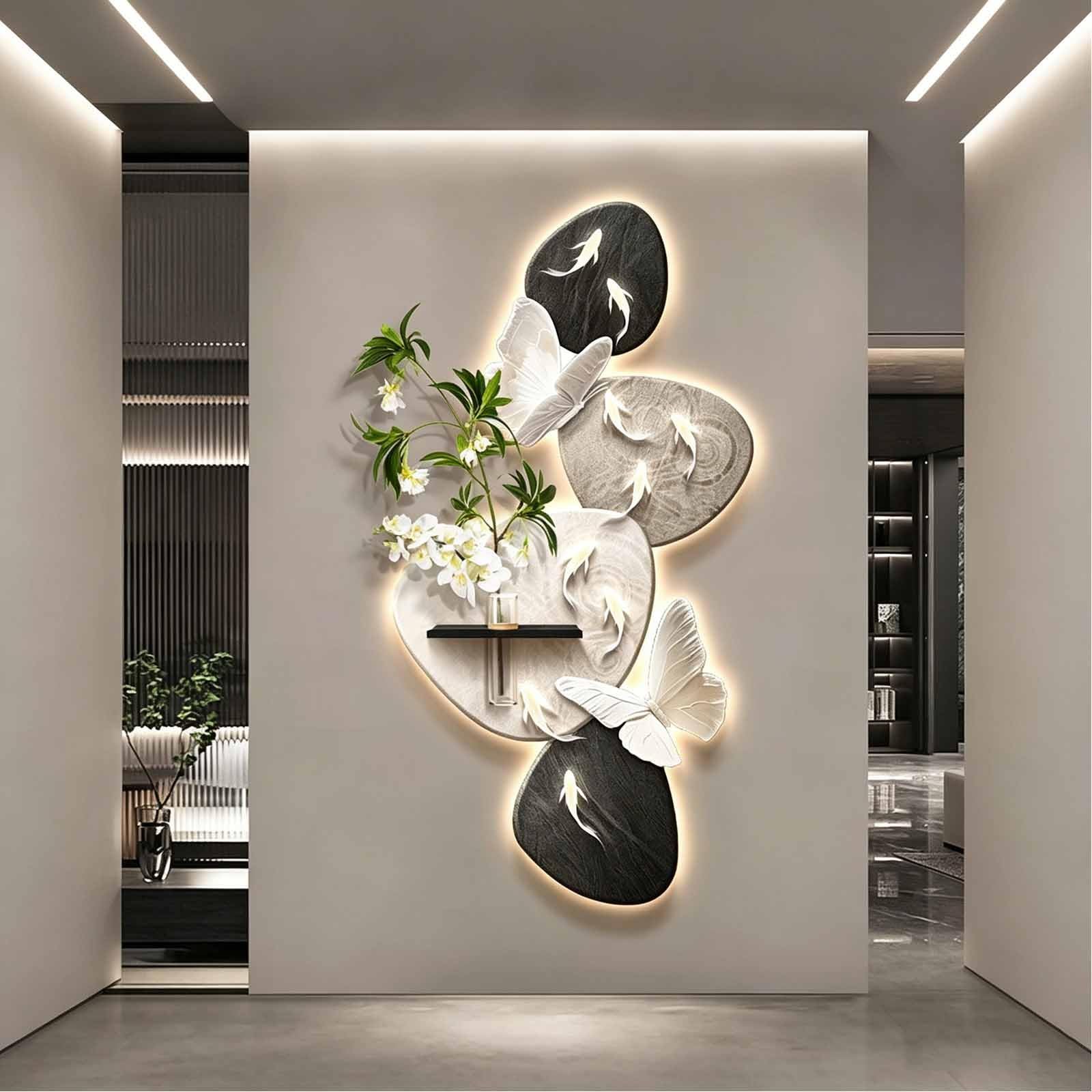 YDAECKRYVB 3D Sandstone Wall Art Decor With LED Lighting，LED Wall Sculpture Featuring A Decorative Panel With A Vase And Faux Greenery，Suitable For Entryways.(A,140 * 70cm/55.1 * 27.6in)