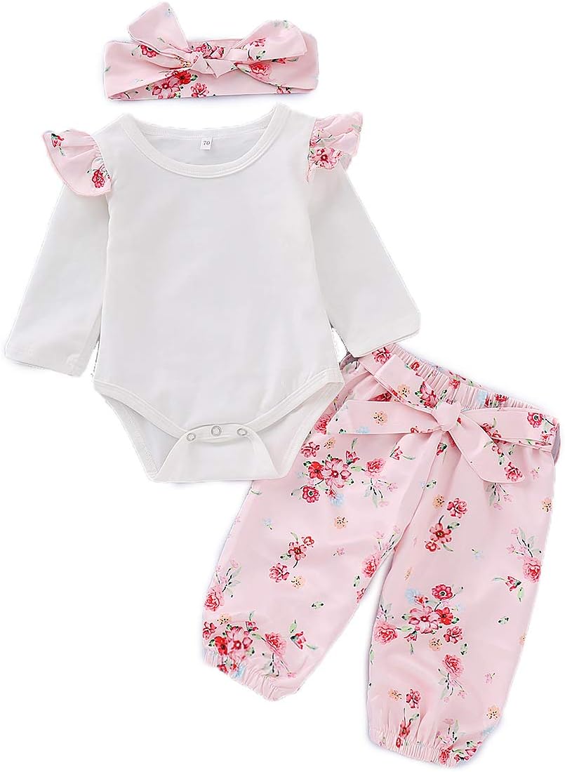 Yaffi Baby Girl Outfit Sweet Long Sleeve Bodysuit Jumpsuit, Floral Printed Pants and Headband Set 12-18 Months Pink