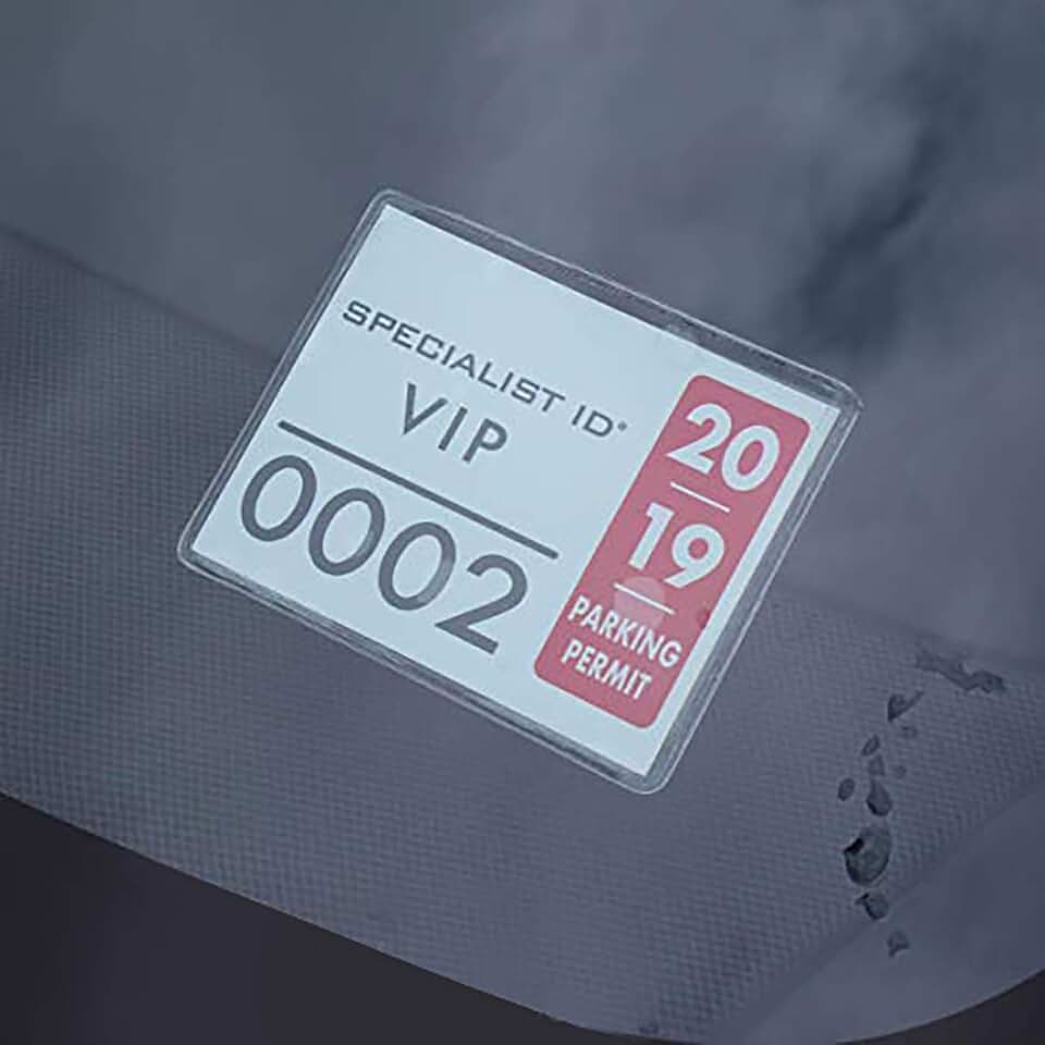 2 Pack - Parking Permit Holder for Car Windshield - Clear Adhesive Parking Tag Pouch - Vinyl Plastic Document Protector Holds Large Parking Placard, Pass, Decal or Sticker (4 x 3) by Specialist ID