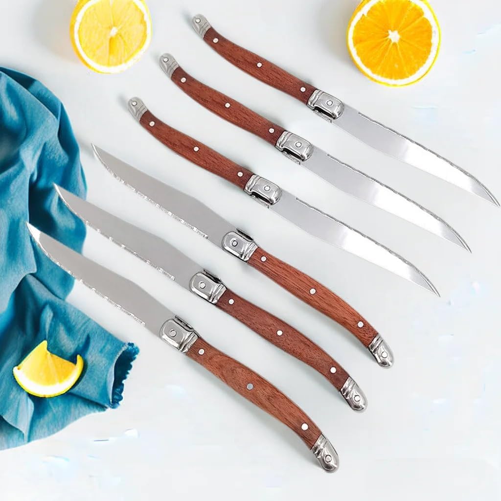 Steak Knife Set, 6PCS Serrated Steak Knives Set Dinner Knife Cutlery Solid Wood Handle Full Tang Steel Table Knife Sharp Handle Cutlery Knife