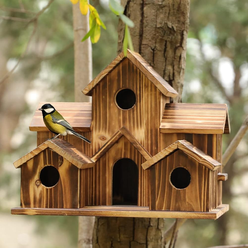 Yuemsh Hanging Bird House - 6 Hole Wooden Bird House for Outside Courtyard & Backyard Decorations, brown - Image 2