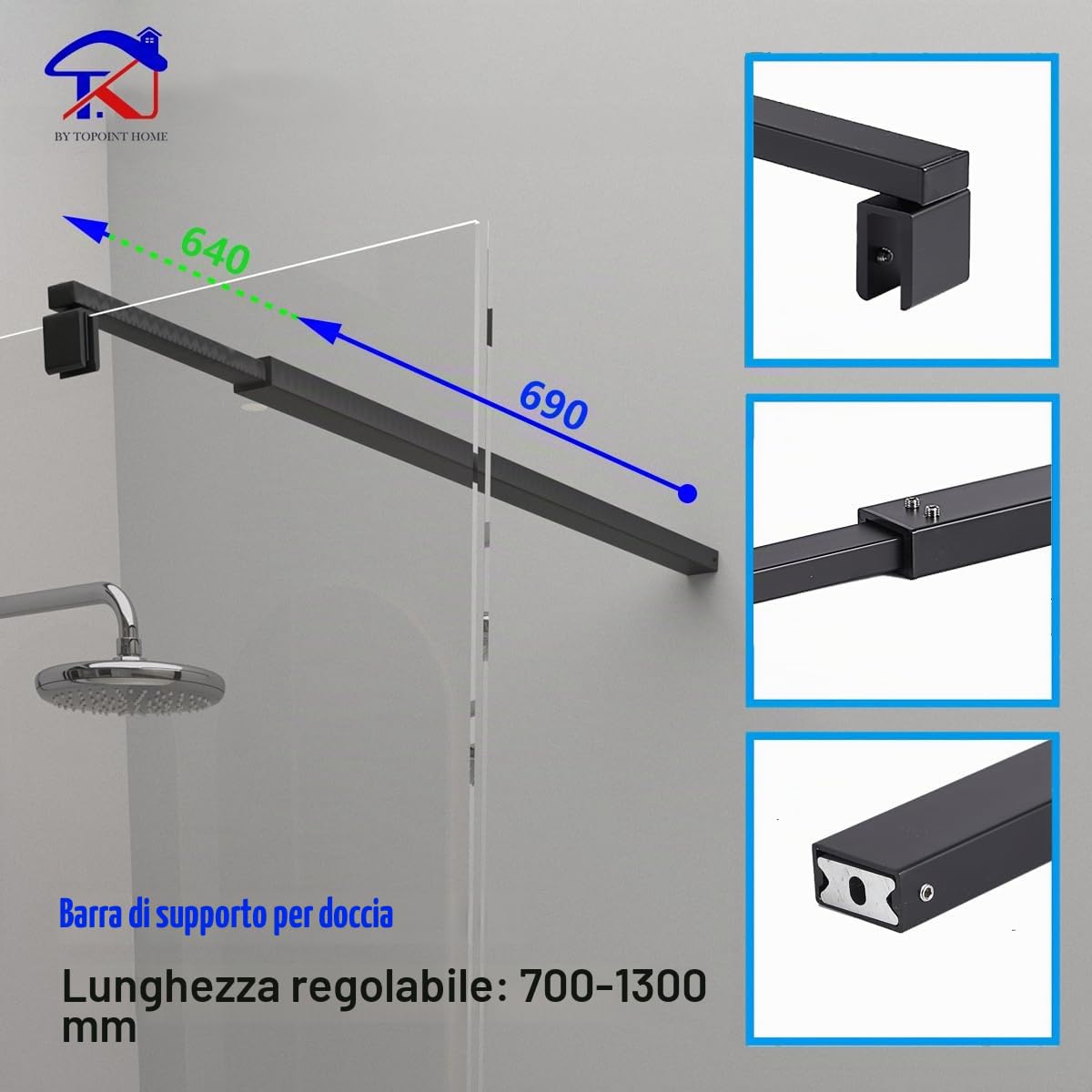 T&K Asta di sostegno Asta di supporto telescopica nero lunghezza regolabile 700mm a 1300mm, per schermi doccia e pannelli vasca, compatibile con vetro da 6-10mm